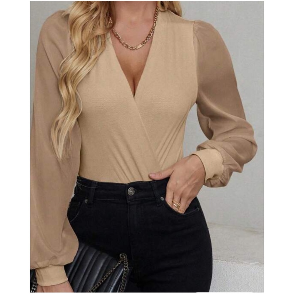 Khaki v neck overlap Long sleeve bodysuit - Picture 1 of 4